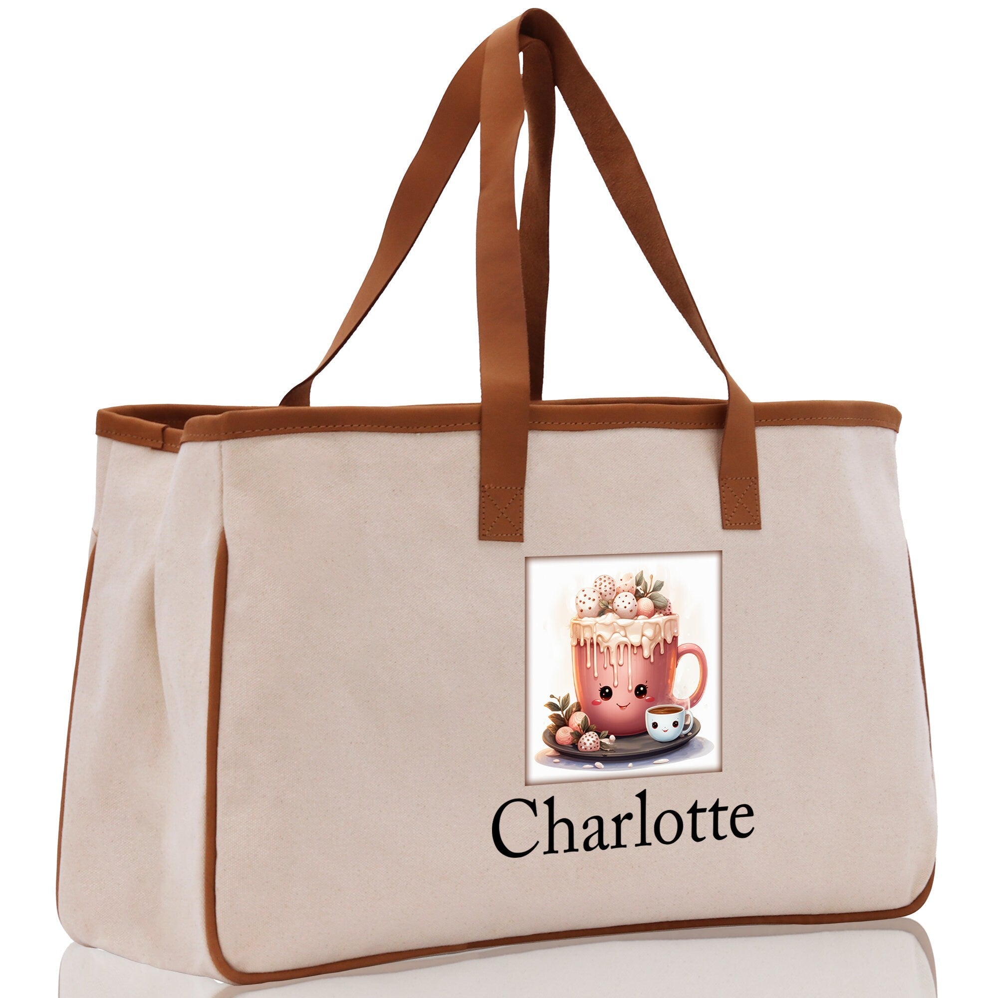 Cute Hot Cocoa and Cookies Custom Name Cotton Canvas Tote Bag Personalized Christmas Party Invitation Bag Xmas Gift Holiday Party Invite Bag