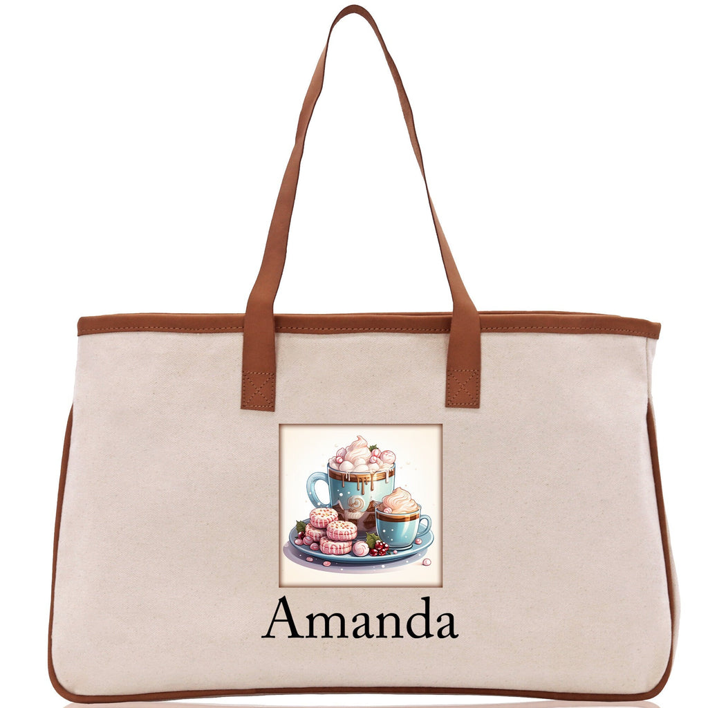 Cute Hot Cocoa and Cookies Custom Name Cotton Canvas Tote Bag Personalized Christmas Party Invitation Bag Xmas Gift Holiday Party Invite Bag