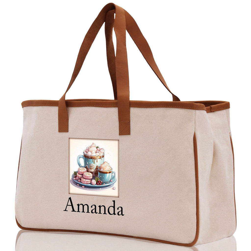 Cute Hot Cocoa and Cookies Custom Name Cotton Canvas Tote Bag Personalized Christmas Party Invitation Bag Xmas Gift Holiday Party Invite Bag