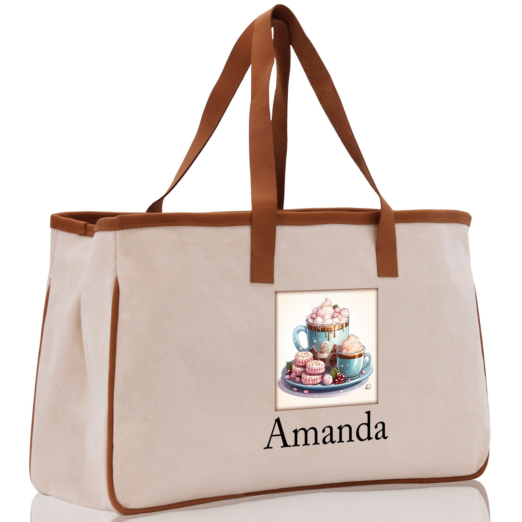 Cute Hot Cocoa and Cookies Custom Name Cotton Canvas Tote Bag Personalized Christmas Party Invitation Bag Xmas Gift Holiday Party Invite Bag