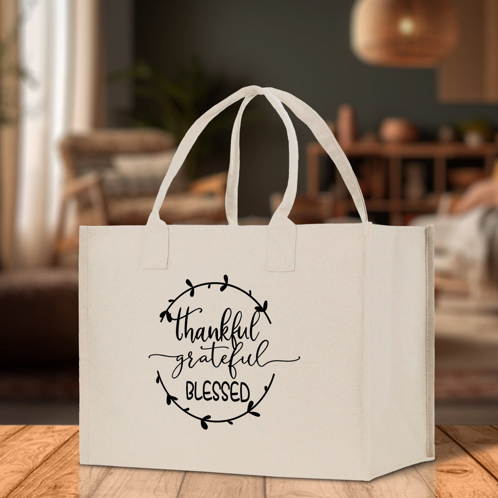 Thankful Grateful Blessed Cotton Canvas Tote Bag Thanksgiving Bag Autumn Fall Vibes Bag Motivational Bag Blessed Bag Fall Market Grocery Bag
