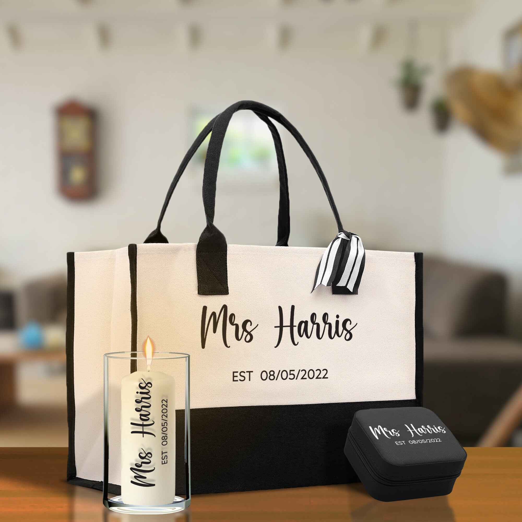 Mrs. Last Name Est Year Tote Bag Personalized Date Wedding Tote Bridal Shower Gift Honeymoon Gift Customized Wedding Gift Bridesmaid Gift