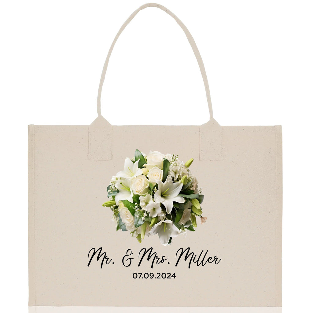Bride Bouquet White Flowers Bouquet Custom Mr. & Mrs. Last Name Year Tote Bag Personalized Wedding Tote Bridal Shower Gift Honeymoon Gift