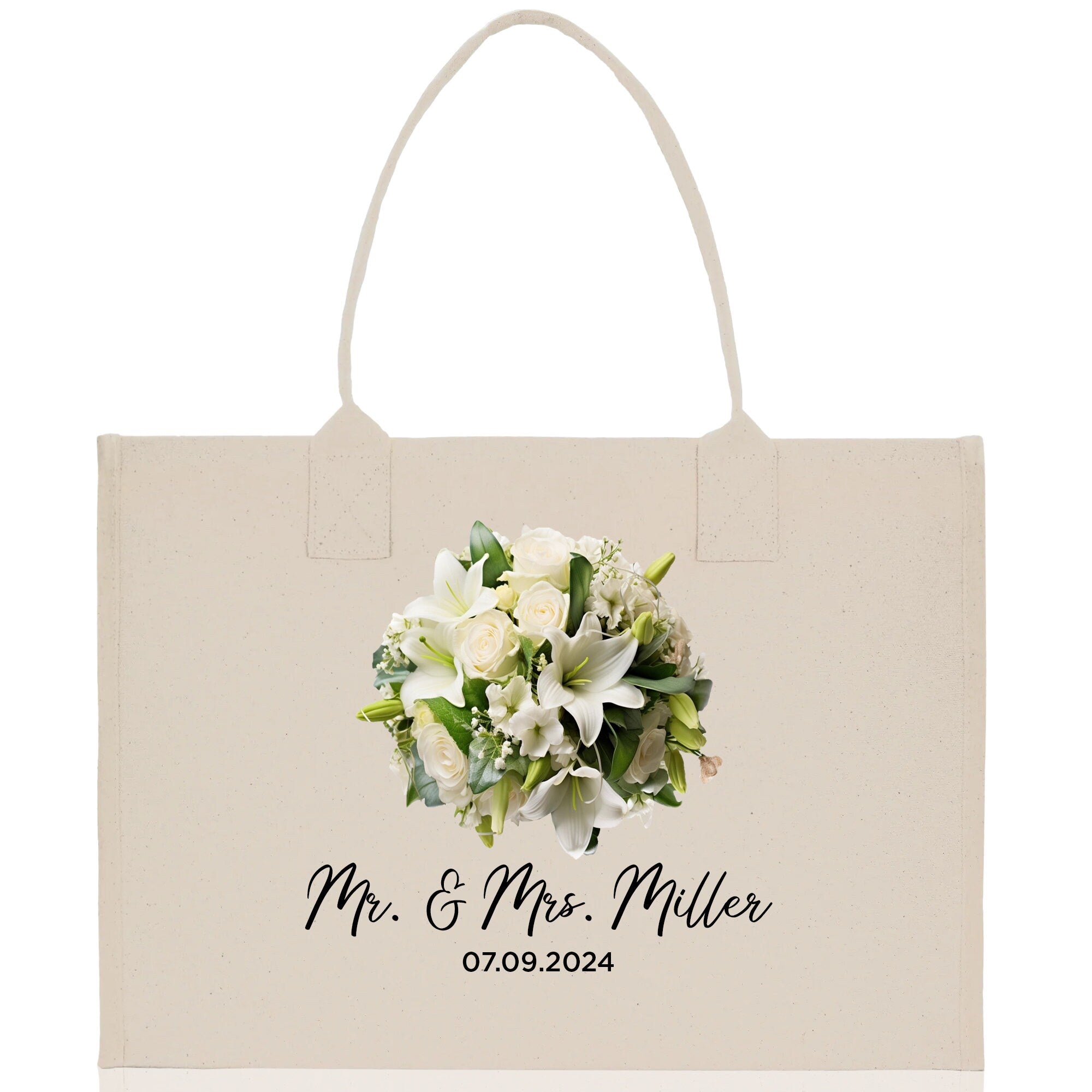 Bride Bouquet White Flowers Bouquet Custom Mr. & Mrs. Last Name Year Tote Bag Personalized Wedding Tote Bridal Shower Gift Honeymoon Gift