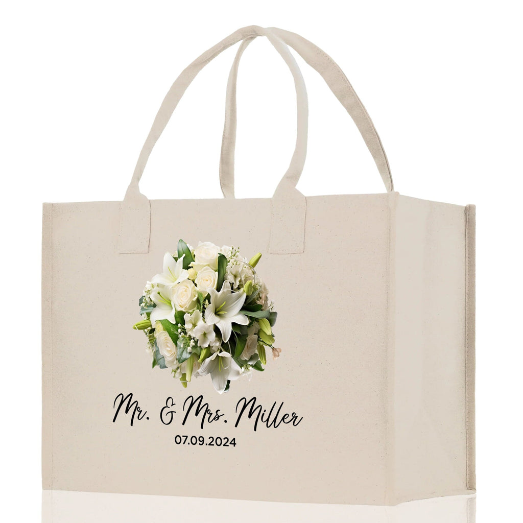 Bride Bouquet White Flowers Bouquet Custom Mr. & Mrs. Last Name Year Tote Bag Personalized Wedding Tote Bridal Shower Gift Honeymoon Gift