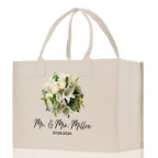 Bride Bouquet White Flowers Bouquet Custom Mr. & Mrs. Last Name Year Tote Bag Personalized Wedding Tote Bridal Shower Gift Honeymoon Gift