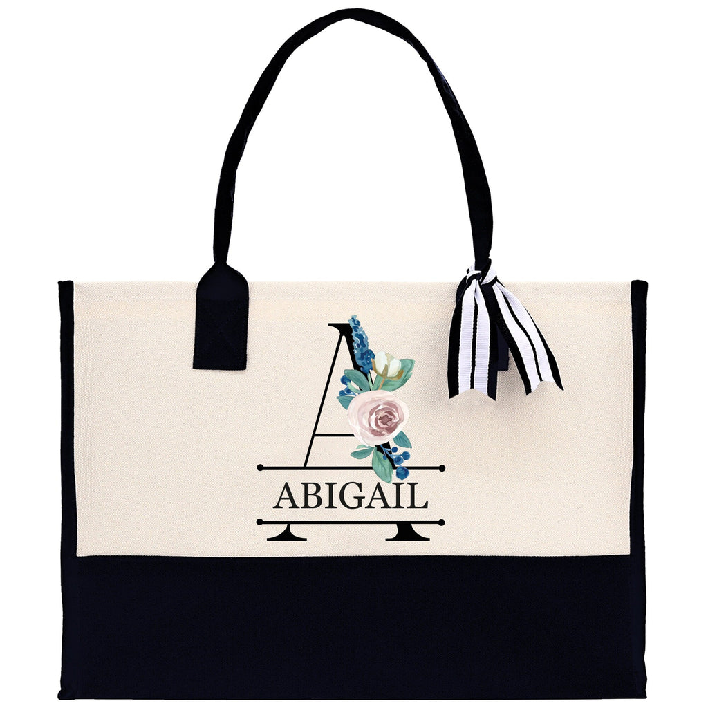 Floral Initial and Name Cotton Canvas Tote Bag Personalized Bridesmaid Gift Bag Wedding Birthday Gift Custom Name Tote Wedding Gift