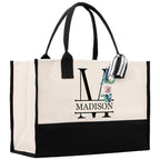 Floral Initial and Name Cotton Canvas Tote Bag Personalized Bridesmaid Gift Bag Wedding Birthday Gift Custom Name Tote Wedding Gift