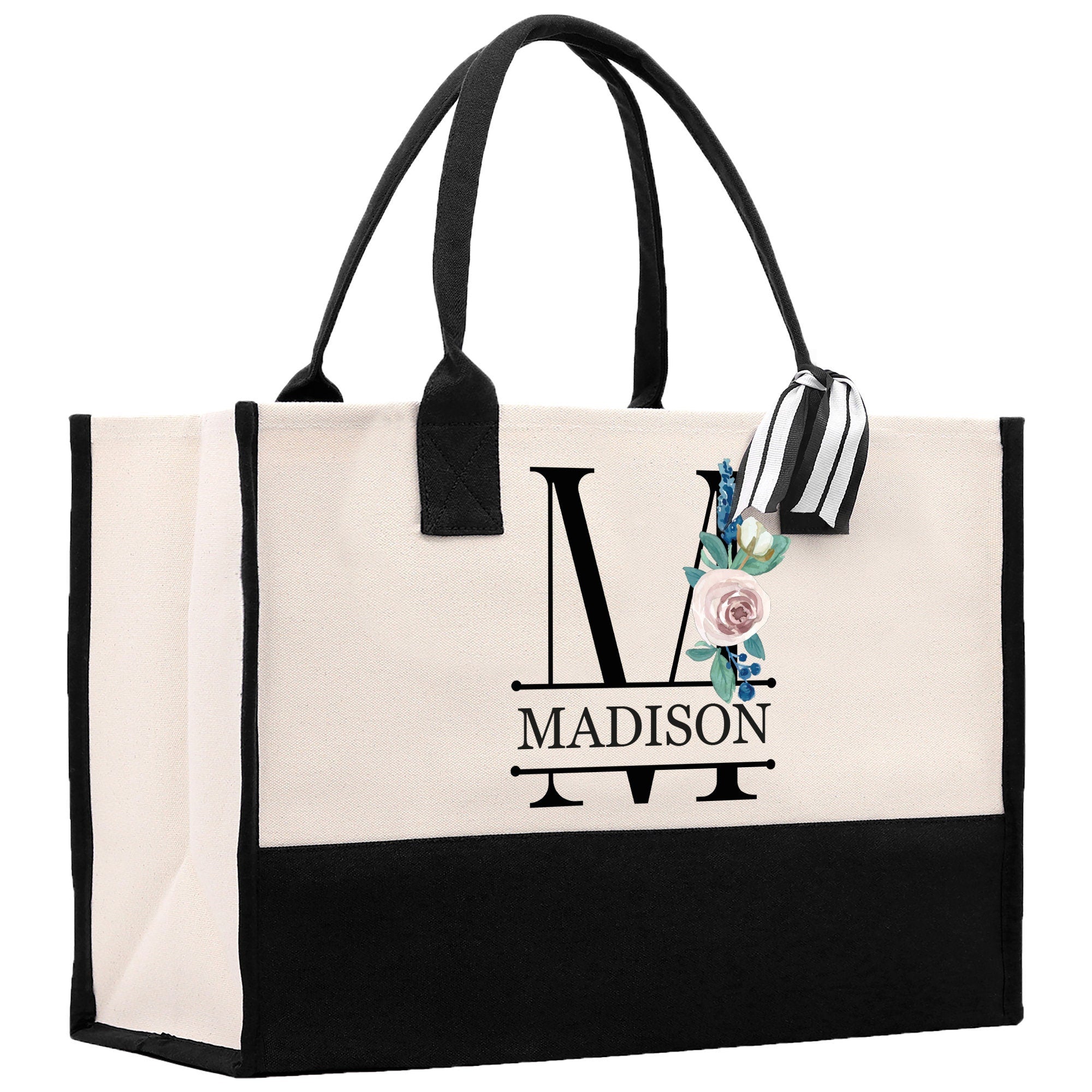 Floral Initial and Name Cotton Canvas Tote Bag Personalized Bridesmaid Gift Bag Wedding Birthday Gift Custom Name Tote Wedding Gift