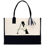 Floral Monogram Beach Canvas Tote Bag Initial Tote Bag Letter Tote Bag Birthday Gift Personalized Tote Bag Personalized Beach Bag