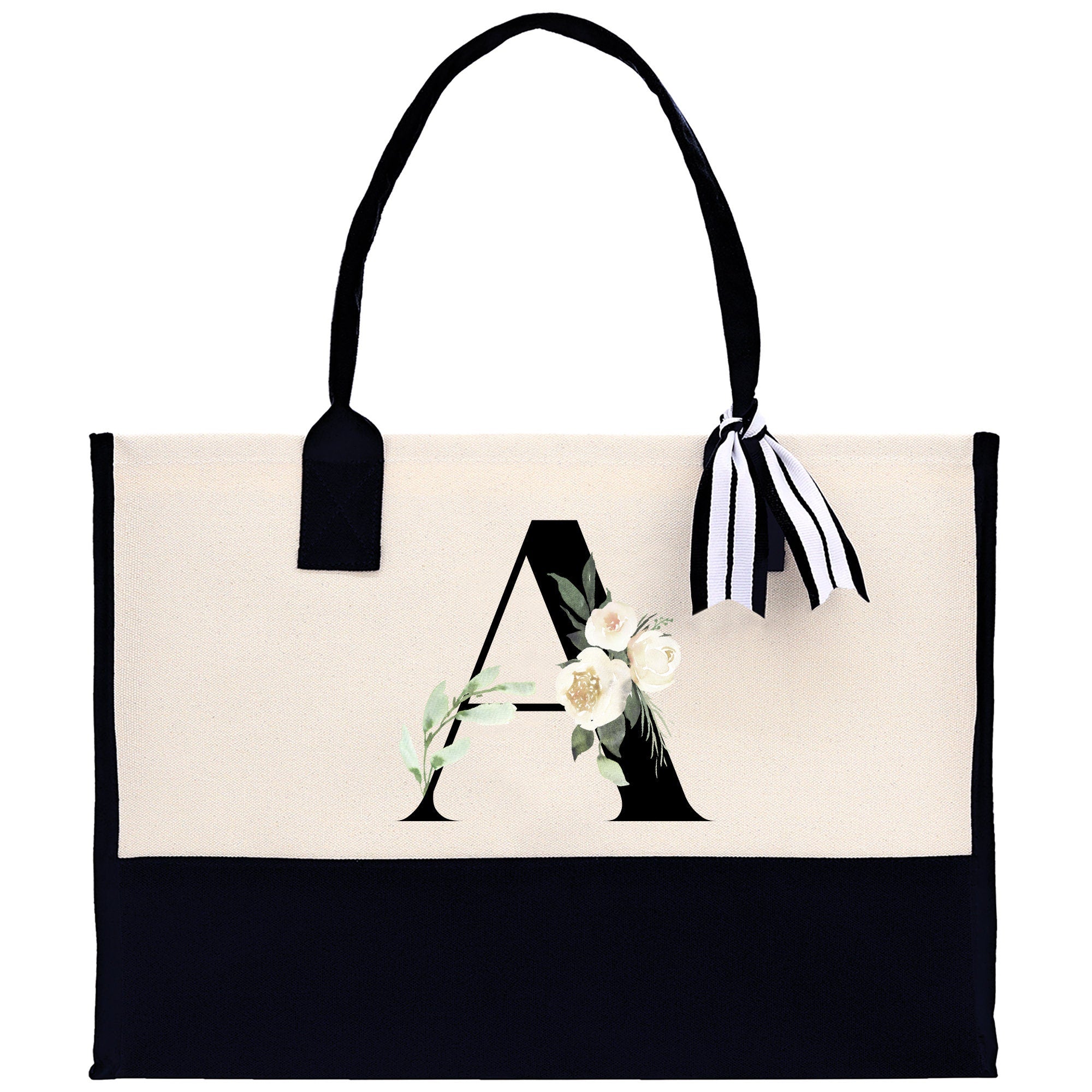 Floral Monogram Beach Canvas Tote Bag Initial Tote Bag Letter Tote Bag Birthday Gift Personalized Tote Bag Personalized Beach Bag