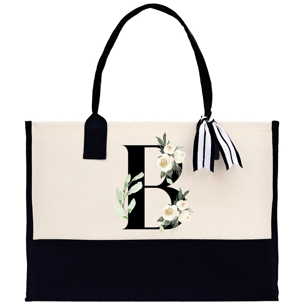 Floral Monogram Beach Canvas Tote Bag Initial Tote Bag Letter Tote Bag Birthday Gift Personalized Tote Bag Personalized Beach Bag