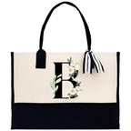 Floral Monogram Beach Canvas Tote Bag Initial Tote Bag Letter Tote Bag Birthday Gift Personalized Tote Bag Personalized Beach Bag