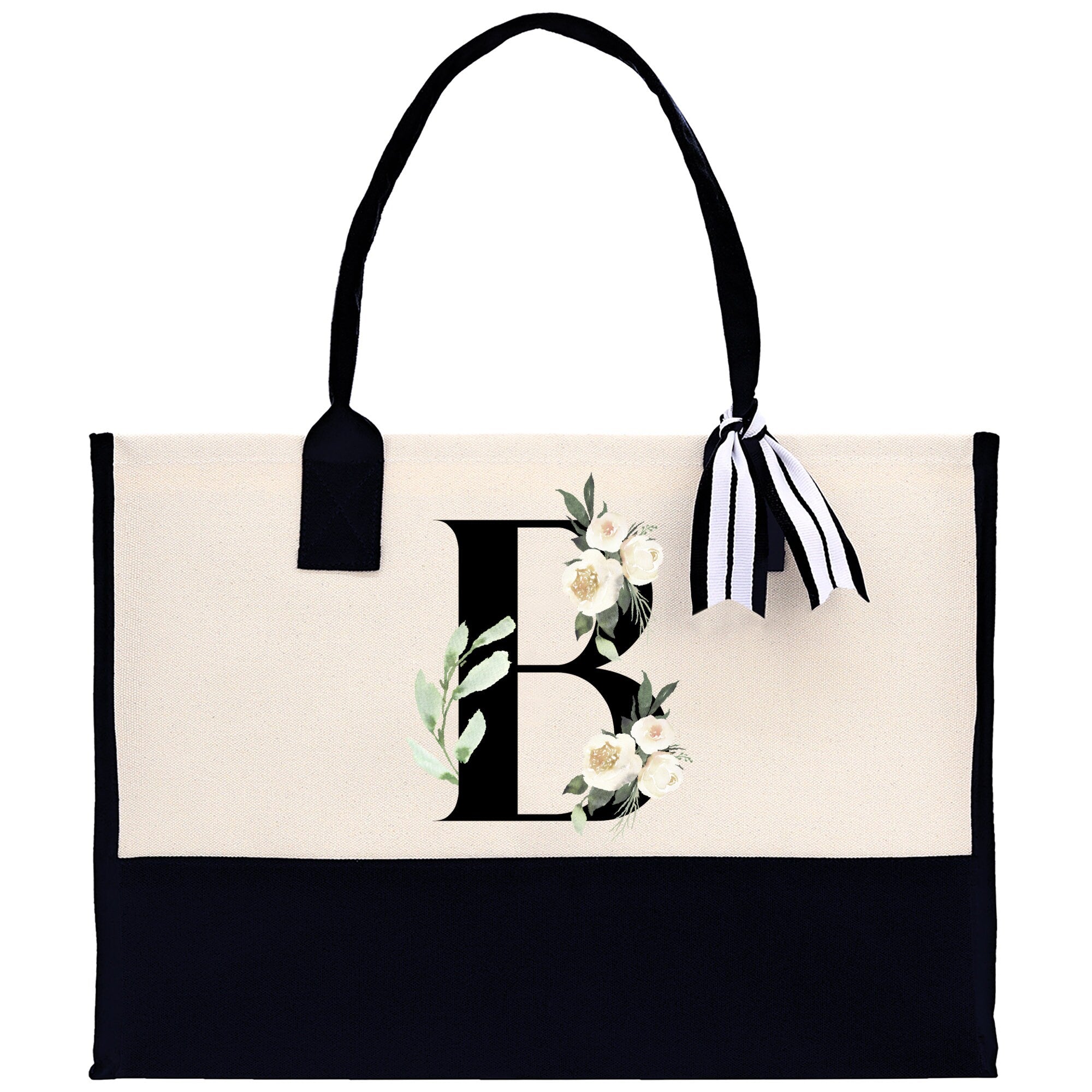 Floral Monogram Beach Canvas Tote Bag Initial Tote Bag Letter Tote Bag Birthday Gift Personalized Tote Bag Personalized Beach Bag