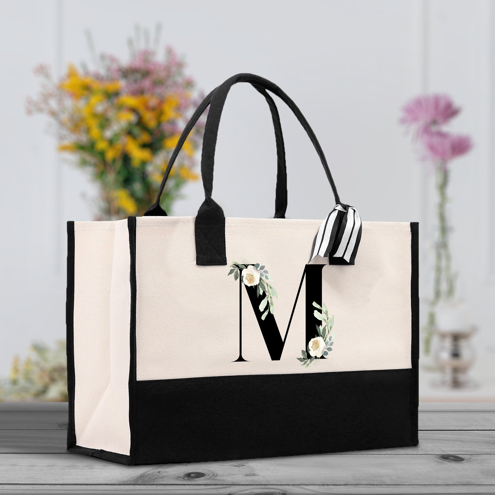 Floral Monogram Beach Canvas Tote Bag Initial Tote Bag Letter Tote Bag Birthday Gift Personalized Tote Bag Personalized Beach Bag