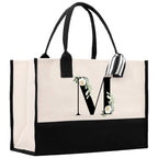 Floral Monogram Beach Canvas Tote Bag Initial Tote Bag Letter Tote Bag Birthday Gift Personalized Tote Bag Personalized Beach Bag
