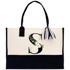 Floral Monogram Beach Canvas Tote Bag Initial Tote Bag Letter Tote Bag Birthday Gift Personalized Tote Bag Personalized Beach Bag