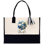 Bride Bouquet Blue Roses Bouquet 100% Cotton Canvas Bridal Party Tote Bag Bridal Chic Tote Bags Wedding Totes