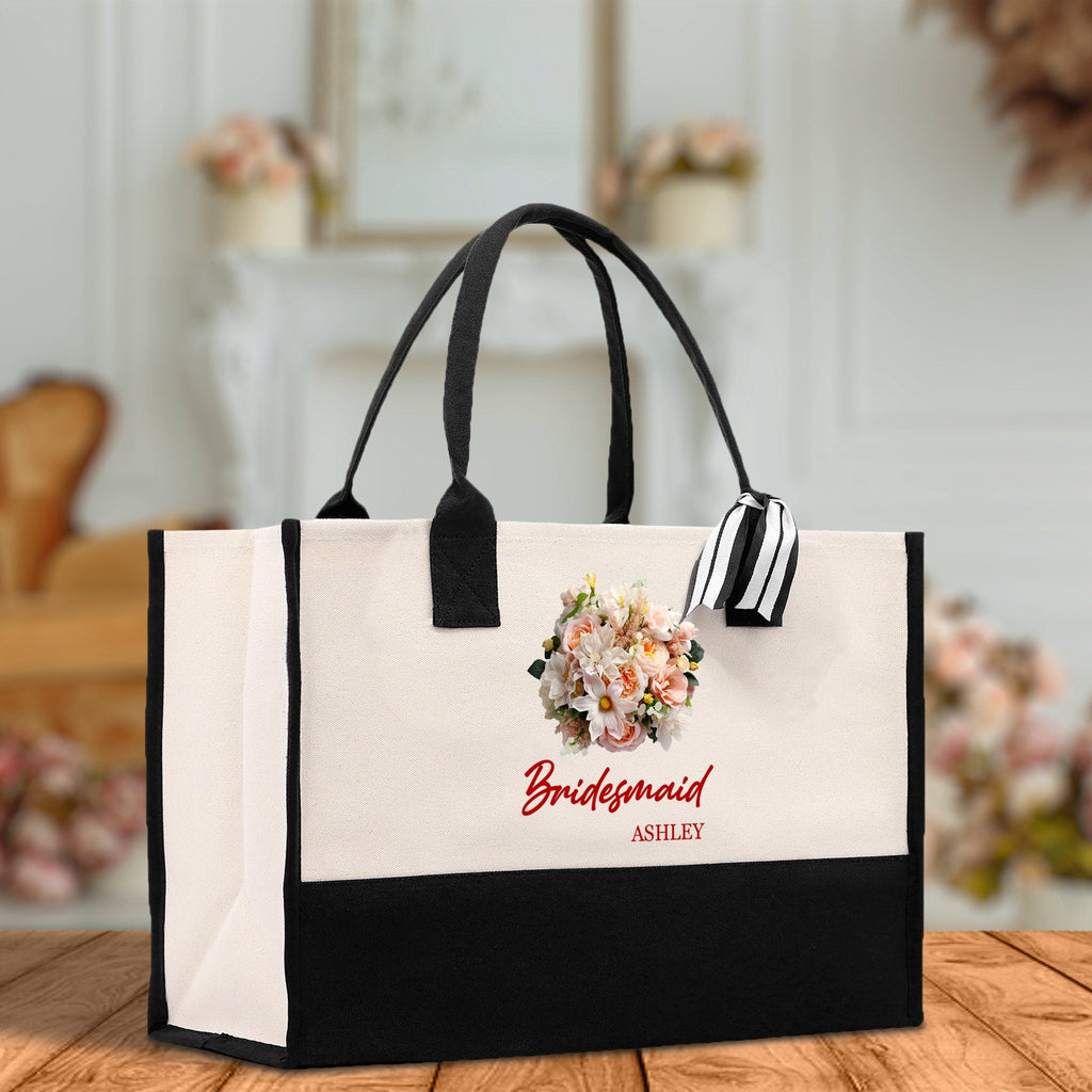 Bridesmaid Bouquet Colorful Flowers Bouquet Custom Name Cotton Canvas Tote Bag Bridal Chic Tote Bags Personalized Wedding Totes