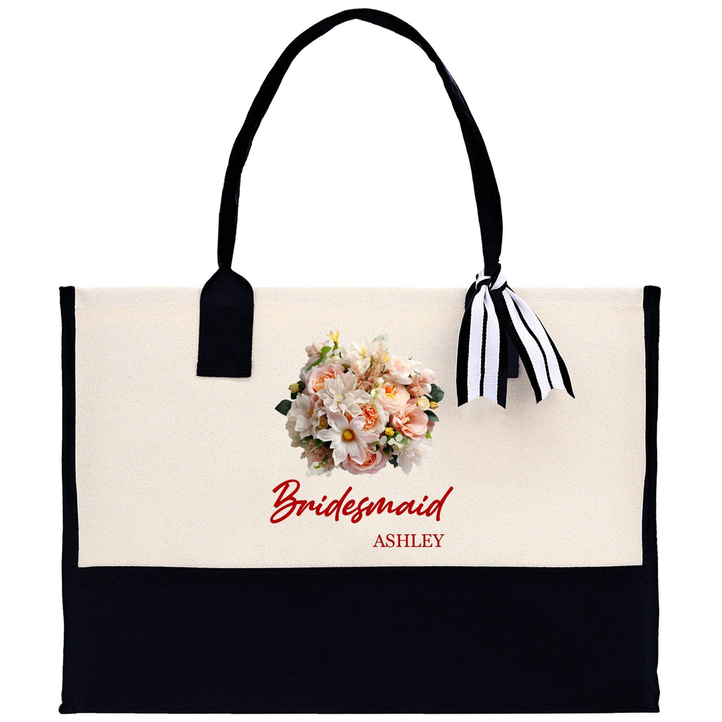 Bridesmaid Bouquet Colorful Flowers Bouquet Custom Name Cotton Canvas Tote Bag Bridal Chic Tote Bags Personalized Wedding Totes