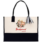 Bridesmaid Bouquet Colorful Flowers Bouquet Custom Name Cotton Canvas Tote Bag Bridal Chic Tote Bags Personalized Wedding Totes