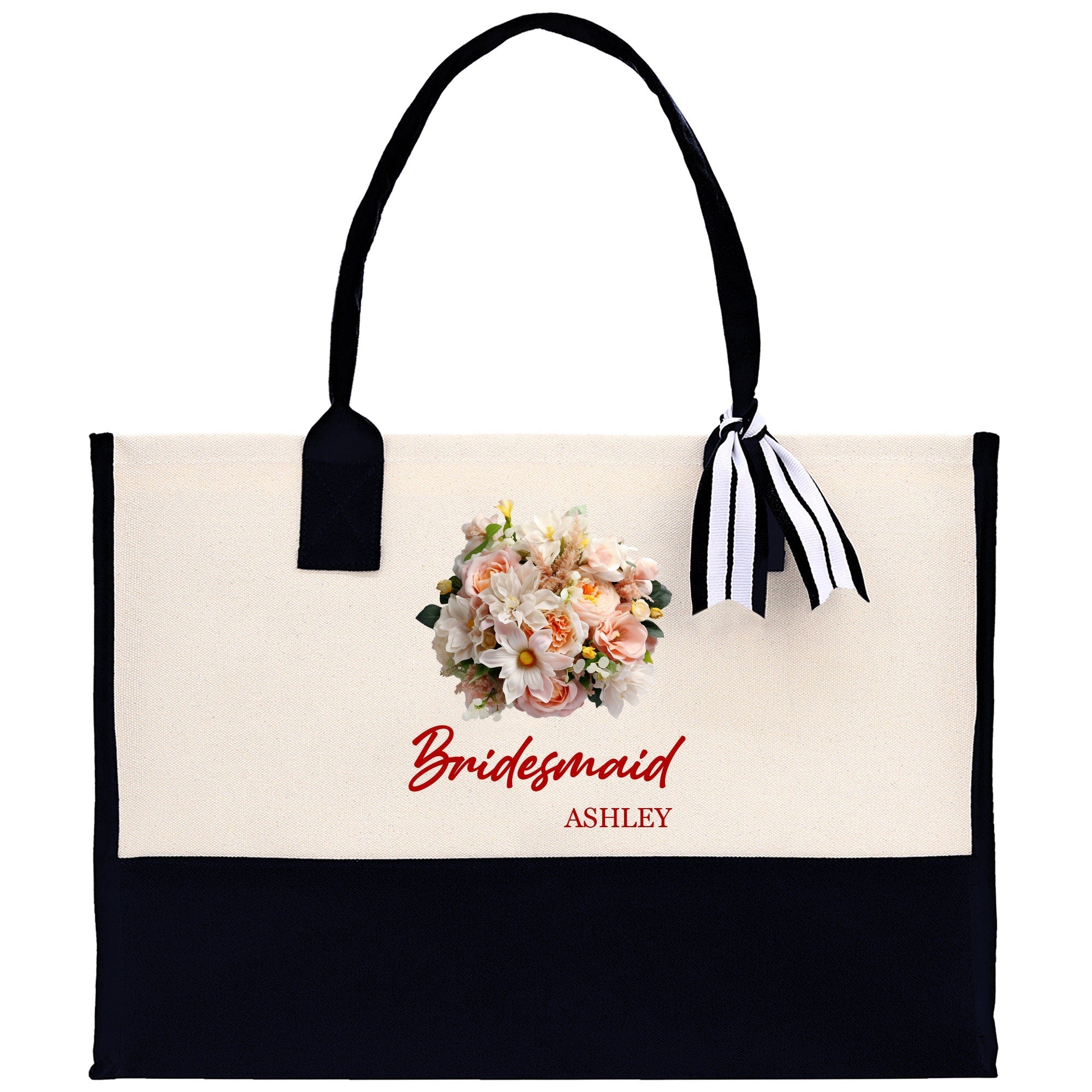 Bridesmaid Bouquet Colorful Flowers Bouquet Custom Name Cotton Canvas Tote Bag Bridal Chic Tote Bags Personalized Wedding Totes