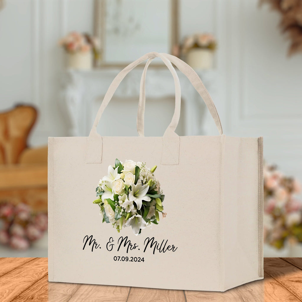Bride Bouquet White Flowers Bouquet Custom Mr. & Mrs. Last Name Year Tote Bag Personalized Wedding Tote Bridal Shower Gift Honeymoon Gift