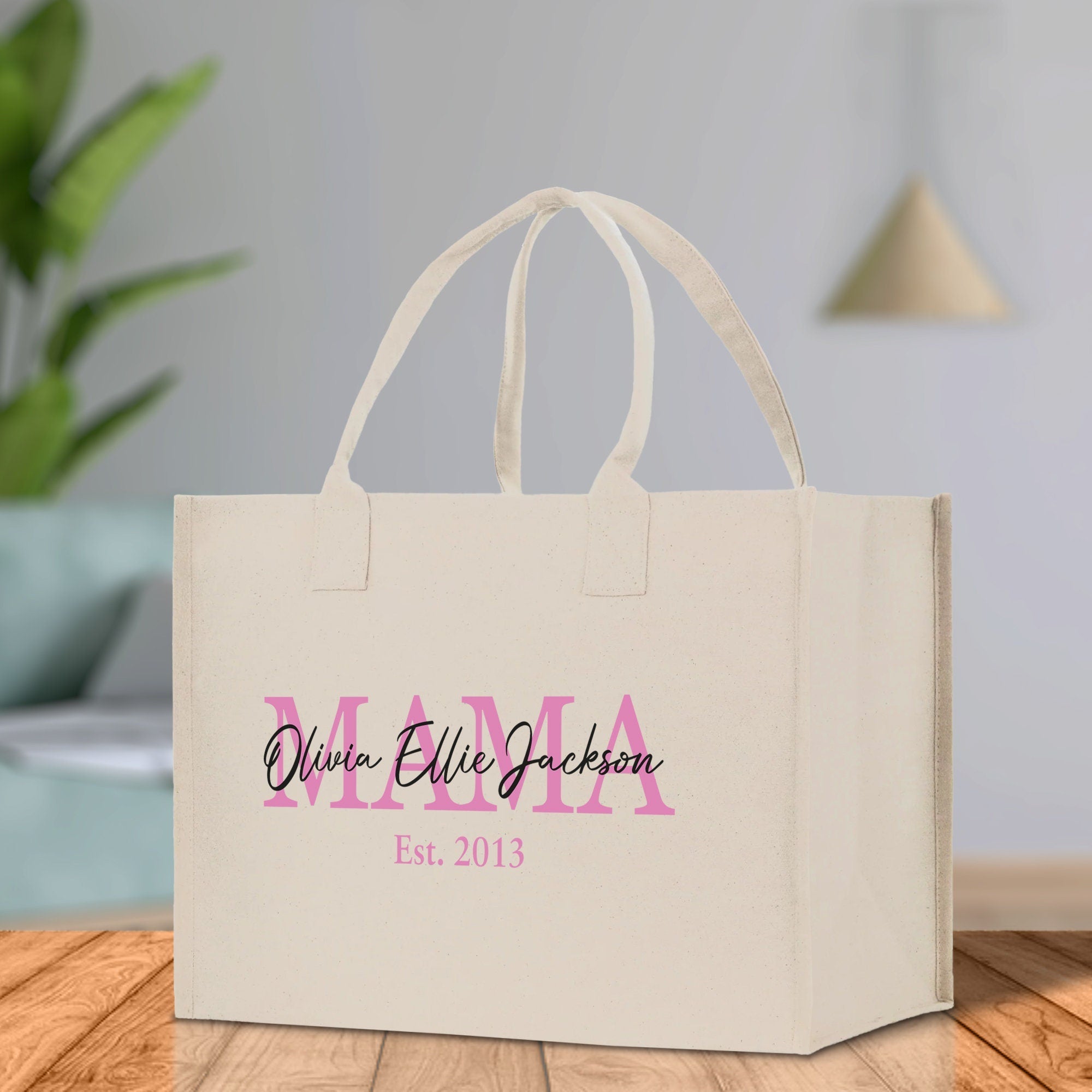 Mom Aunt Gran Oma Mama Custom Kids Names and Date Cotton Canvas Tote Bag Personalized Name and Date Tote Bag