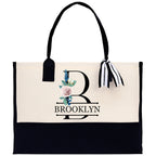 Floral Initial and Name Cotton Canvas Tote Bag Personalized Bridesmaid Gift Bag Wedding Birthday Gift Custom Name Tote Wedding Gift