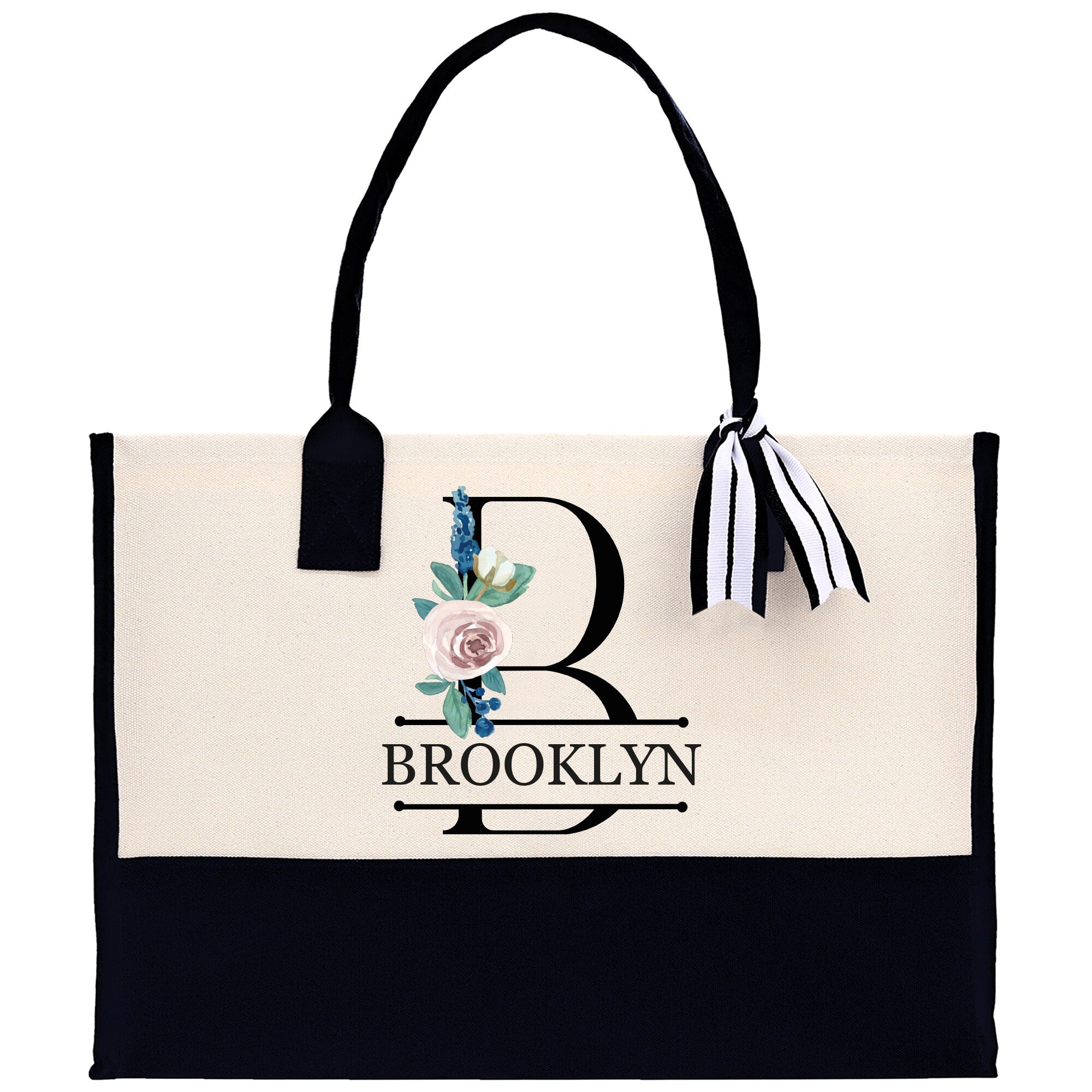 Floral Initial and Name Cotton Canvas Tote Bag Personalized Bridesmaid Gift Bag Wedding Birthday Gift Custom Name Tote Wedding Gift