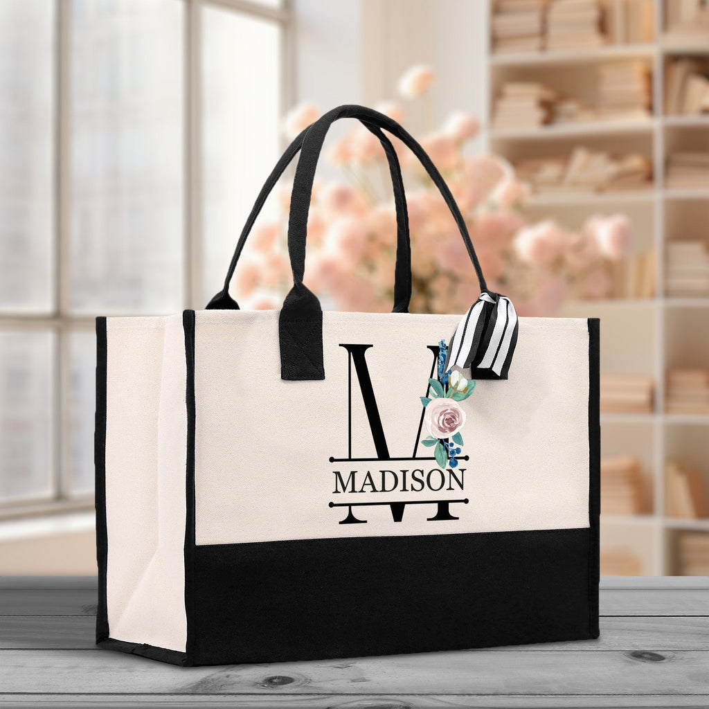 Floral Initial and Name Cotton Canvas Tote Bag Personalized Bridesmaid Gift Bag Wedding Birthday Gift Custom Name Tote Wedding Gift