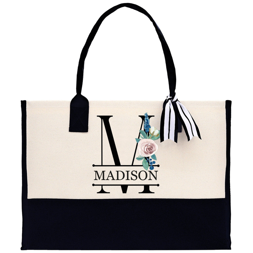 Floral Initial and Name Cotton Canvas Tote Bag Personalized Bridesmaid Gift Bag Wedding Birthday Gift Custom Name Tote Wedding Gift