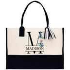 Floral Initial and Name Cotton Canvas Tote Bag Personalized Bridesmaid Gift Bag Wedding Birthday Gift Custom Name Tote Wedding Gift