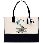 Floral Initial and Name Cotton Canvas Tote Bag Personalized Bridesmaid Gift Bag Wedding Birthday Gift Custom Name Tote Wedding Gift