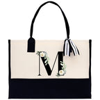 Floral Monogram Beach Canvas Tote Bag Initial Tote Bag Letter Tote Bag Birthday Gift Personalized Tote Bag Personalized Beach Bag