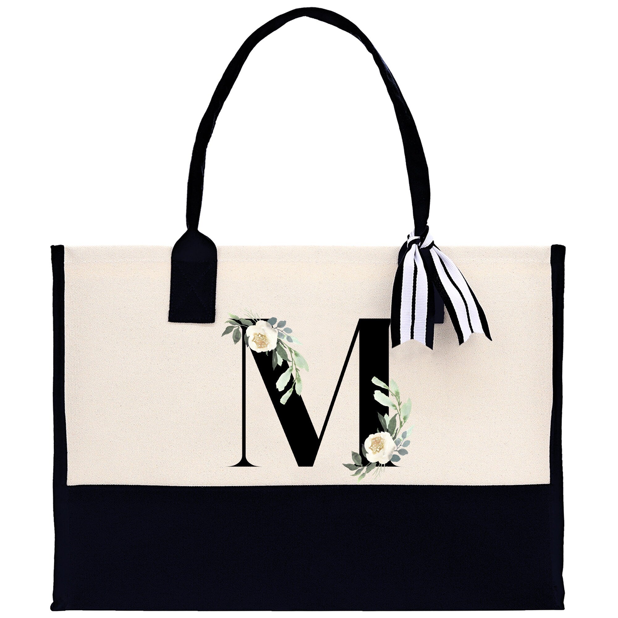 Floral Monogram Beach Canvas Tote Bag Initial Tote Bag Letter Tote Bag Birthday Gift Personalized Tote Bag Personalized Beach Bag