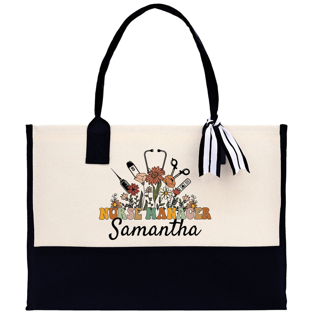 Floral Nurse Manager Name Custom Cotton Canvas Tote Bag Personalized Tote Bag Nurse Gift Registered Nurse Tote RN Tote RN Gift