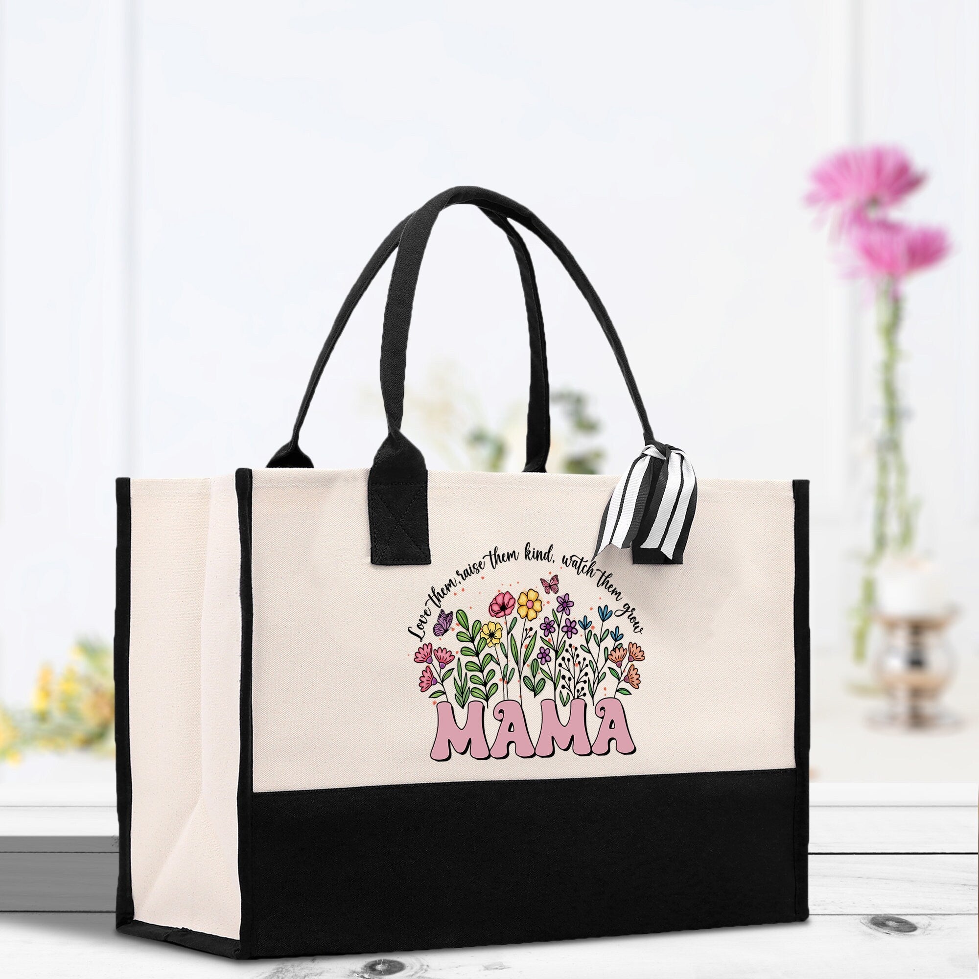 Floral Love Them Raise Them Kind Watch Them Grow Mama Cotton Canvas Tote Bag Mom Gift Mom Shopping Bag Best Mom Ever Bag Boy Girl Mama Tote