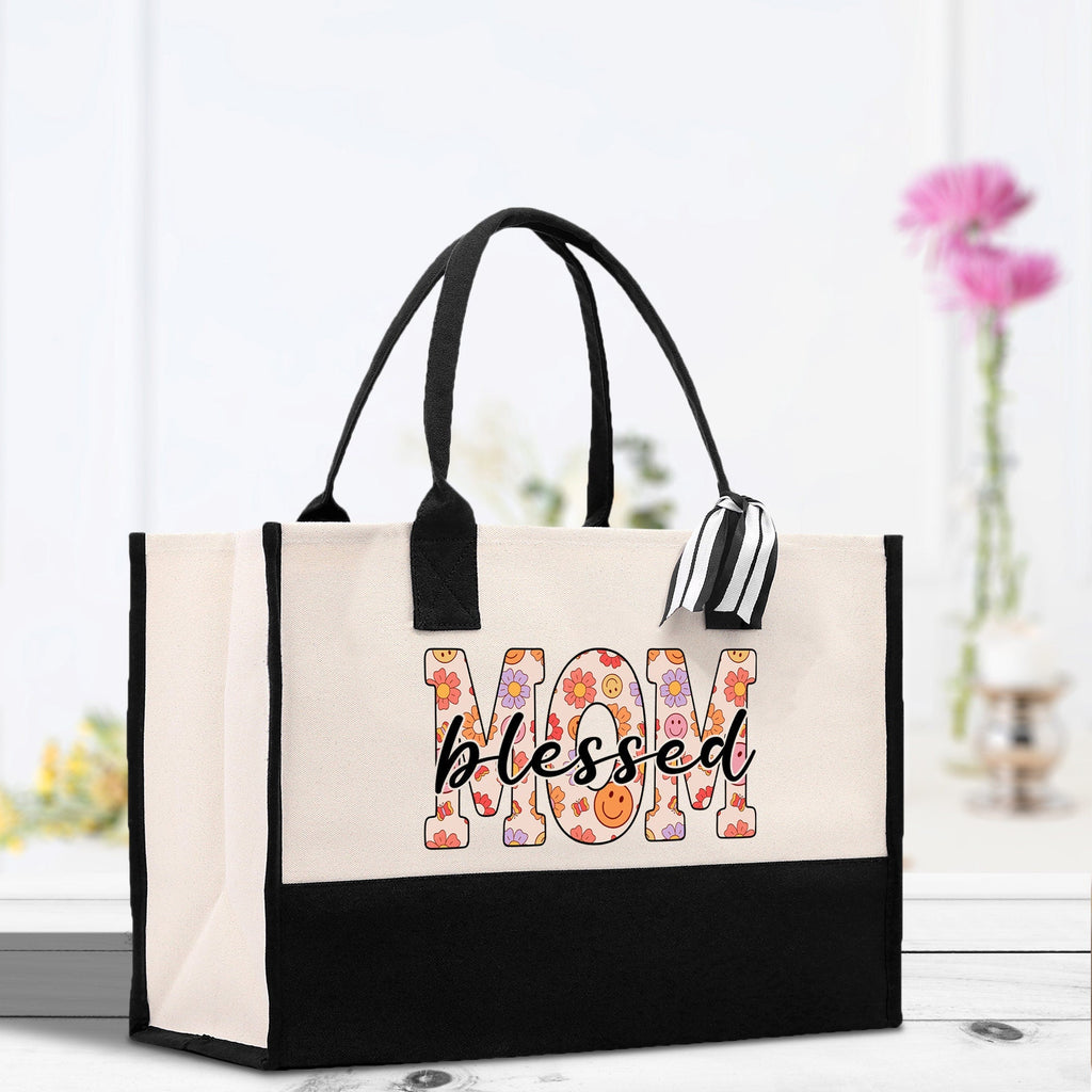 Cute Floral Blessed Mom Cotton Canvas Tote Bag Mom Gift Mom Bag Mom Shopping Bag New Mom Gift Best Mom Ever Bag Boy Girl Mama Tote