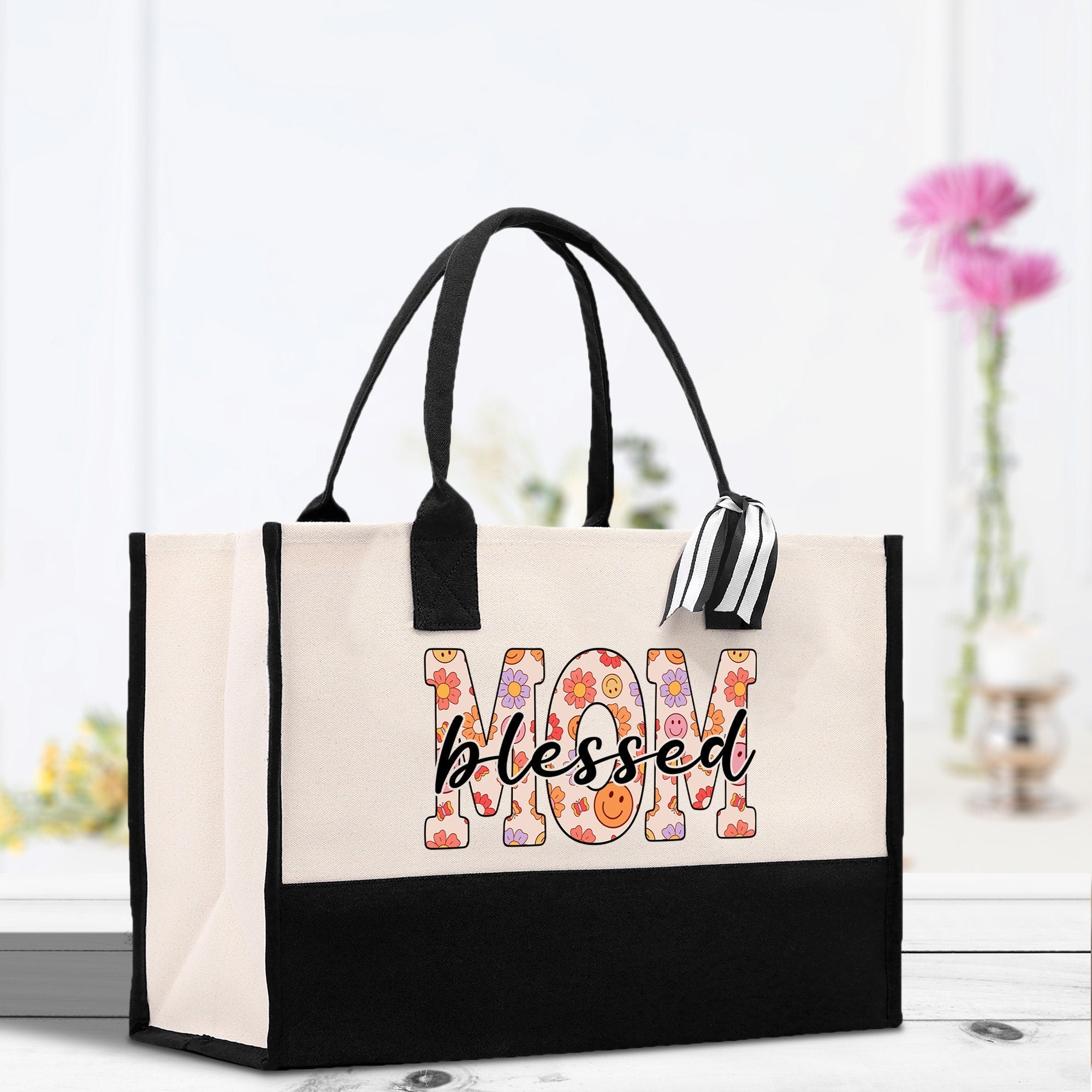 Cute Floral Blessed Mom Cotton Canvas Tote Bag Mom Gift Mom Bag Mom Shopping Bag New Mom Gift Best Mom Ever Bag Boy Girl Mama Tote