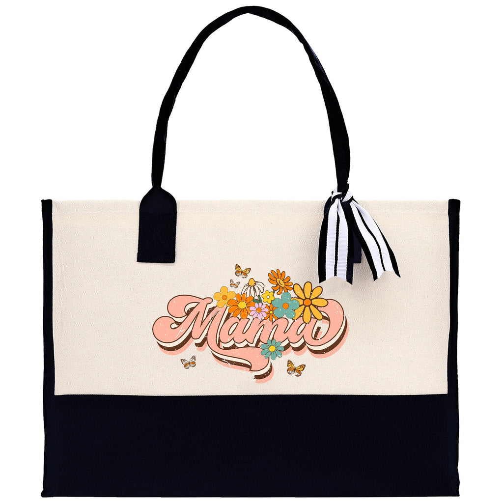 Retro Colorful Floral Mama Cotton Canvas Tote Bag Mom Gift Mom Bag Mom Shopping Bag New Mom Gift Best Mom Ever Bag Boy Girl Mama Tote