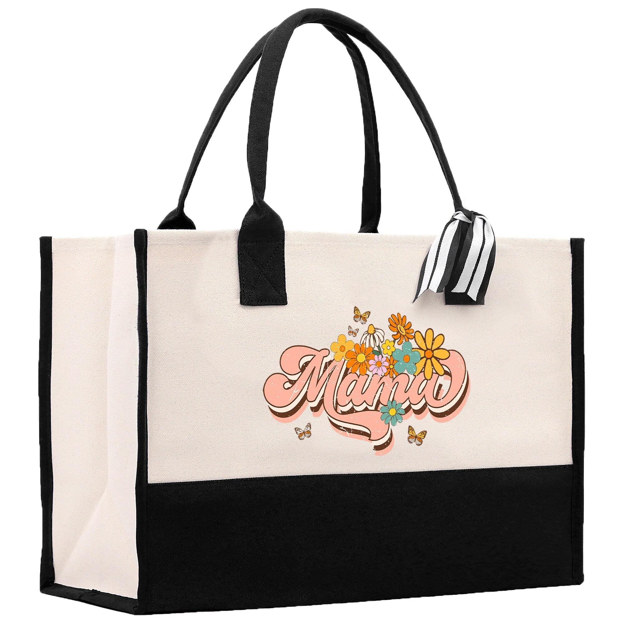 Retro Colorful Floral Mama Cotton Canvas Tote Bag Mom Gift Mom Bag Mom Shopping Bag New Mom Gift Best Mom Ever Bag Boy Girl Mama Tote