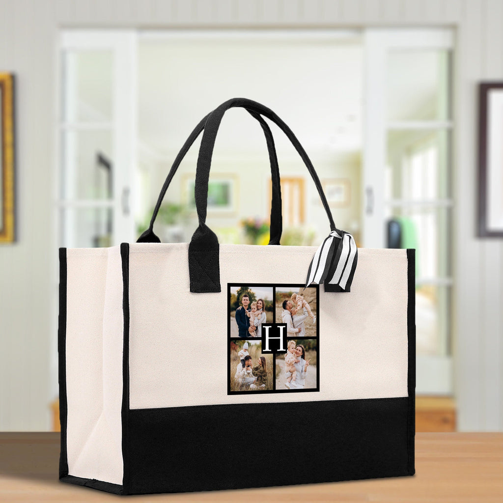 Custom Family Photo Collage and Initial Cotton Canvas Tote Bag Personalized Photo Tote Parent Gift Mothers Day Gift Picture Image Tote