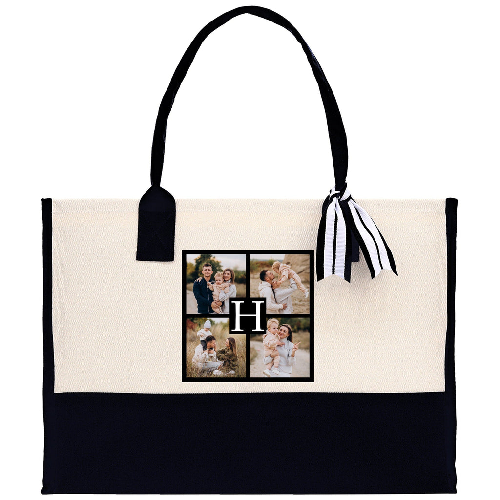 Custom Family Photo Collage and Initial Cotton Canvas Tote Bag Personalized Photo Tote Parent Gift Mothers Day Gift Picture Image Tote