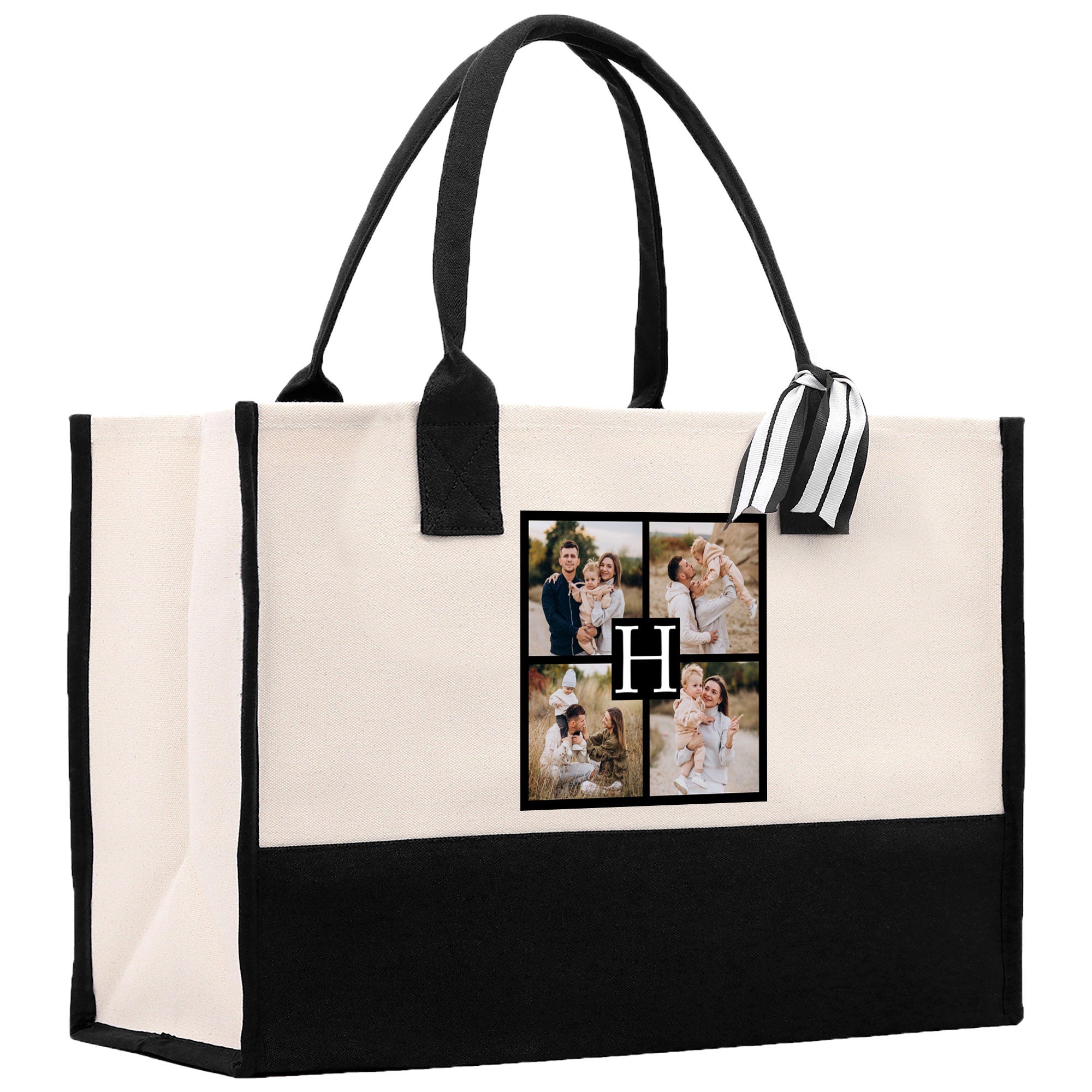 Custom Family Photo Collage and Initial Cotton Canvas Tote Bag Personalized Photo Tote Parent Gift Mothers Day Gift Picture Image Tote