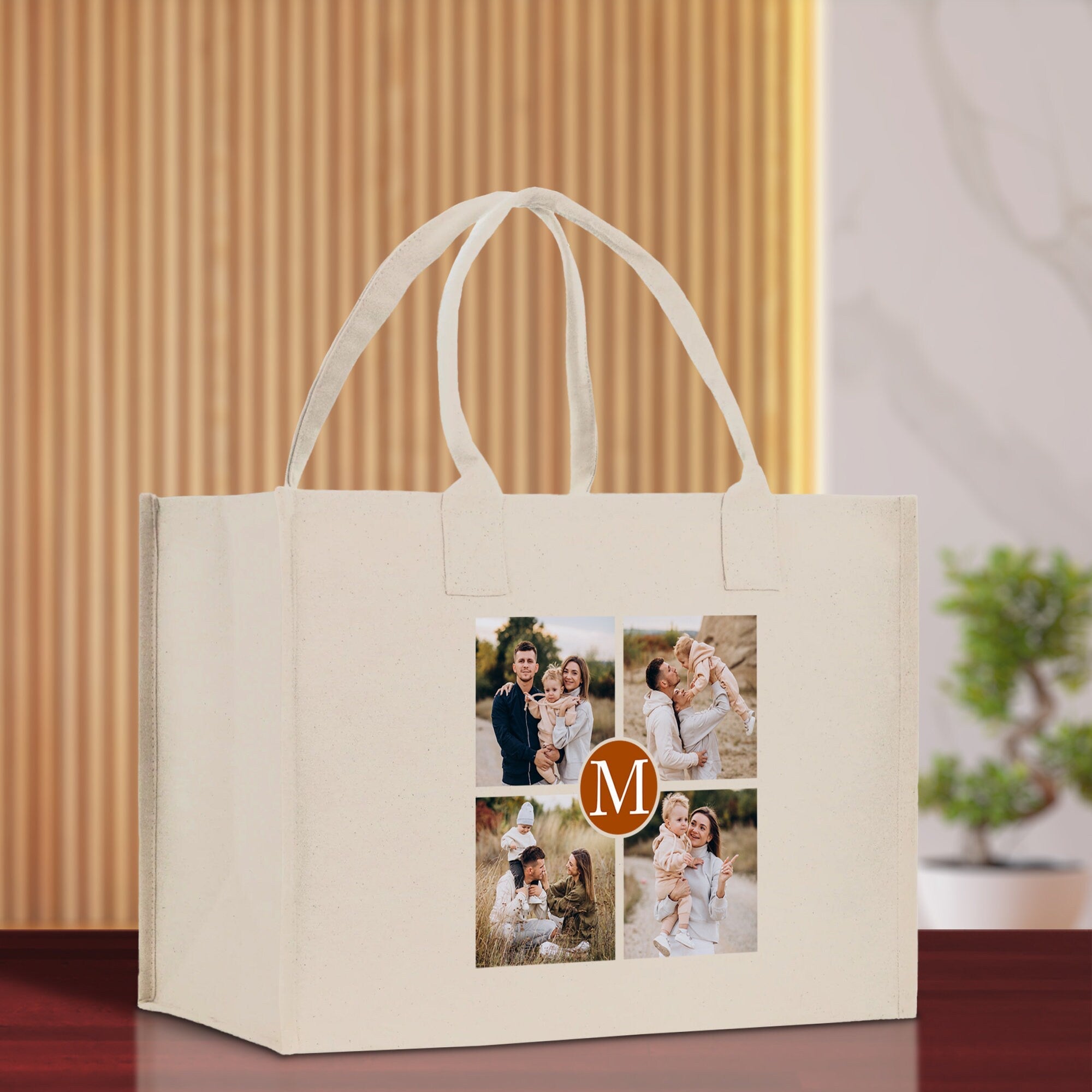 Custom Family Photo Collage and Initial Cotton Canvas Tote Bag Personalized Photo Tote Parent Gift Mothers Day Gift Picture Image Tote