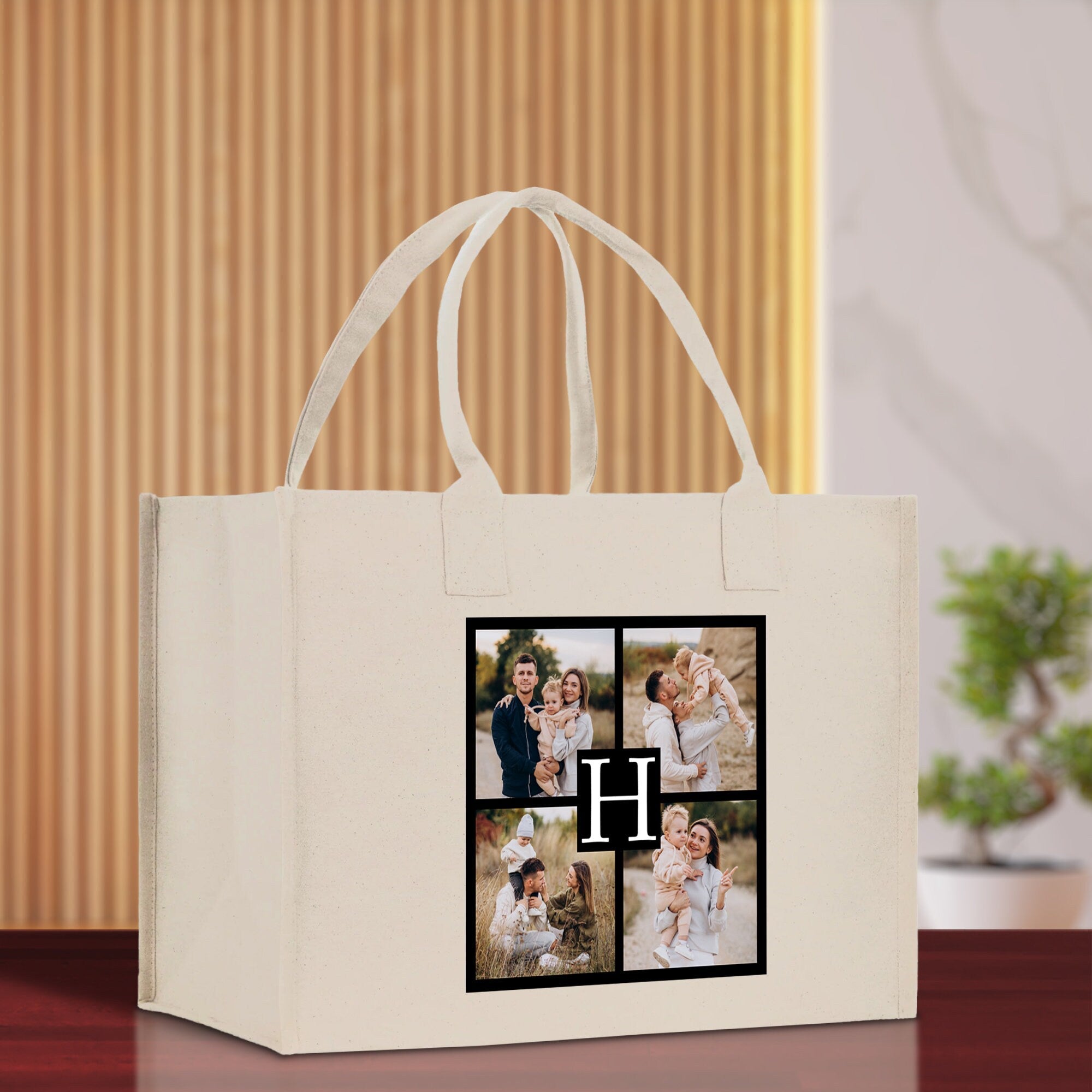 Custom Family Photo Collage and Initial Cotton Canvas Tote Bag Personalized Photo Tote Parent Gift Mothers Day Gift Picture Image Tote