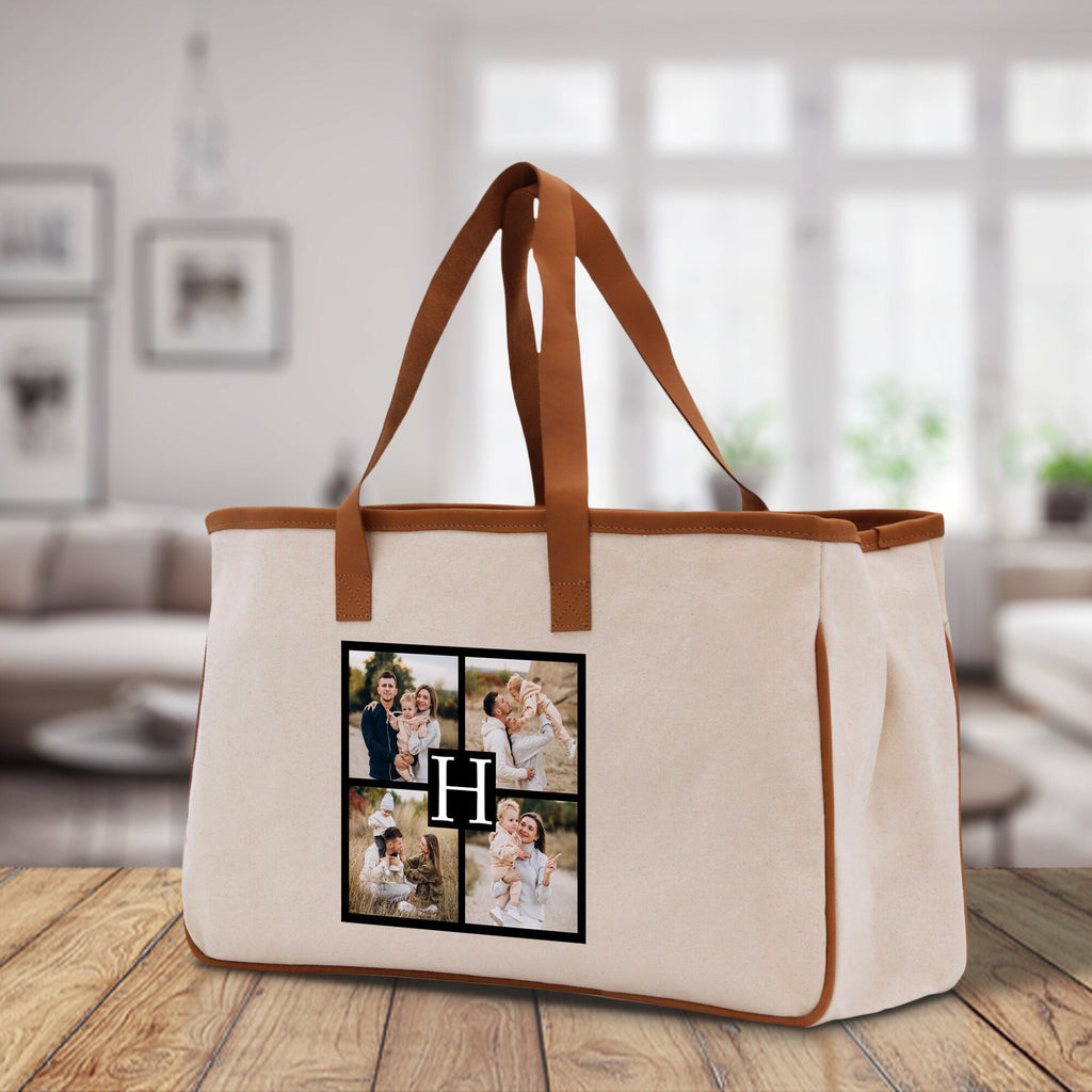 Custom Family Photo Collage and Initial Cotton Canvas Tote Bag Personalized Photo Tote Parent Gift Mothers Day Gift Picture Image Tote