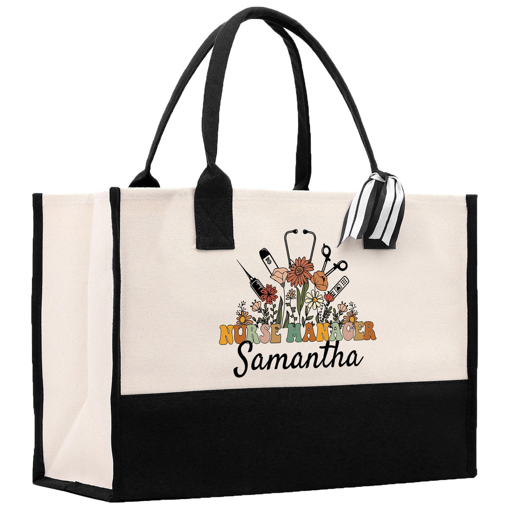 Floral Nurse Manager Name Custom Cotton Canvas Tote Bag Personalized Tote Bag Nurse Gift Registered Nurse Tote RN Tote RN Gift