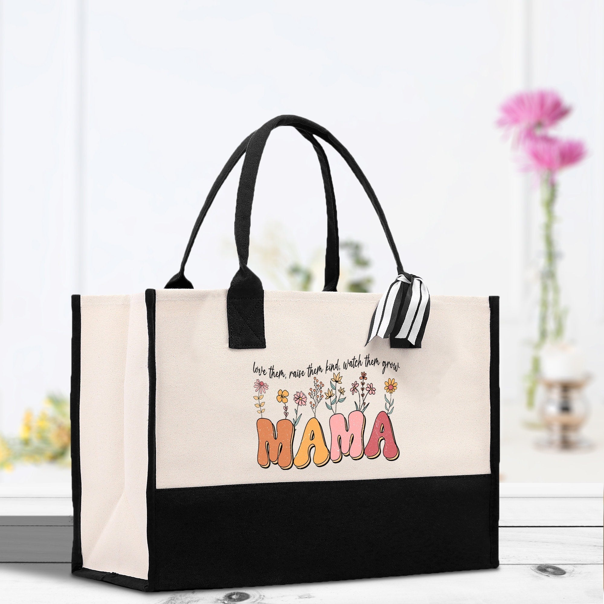 Floral Love Them Raise Them Kind Watch Them Grow Mama Cotton Canvas Tote Bag Mom Gift Mom Shopping Bag New Mom Gift Boy Girl Mama Tote